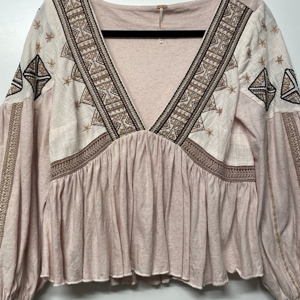 Free People Boho Embroidered Long Sleeve Top